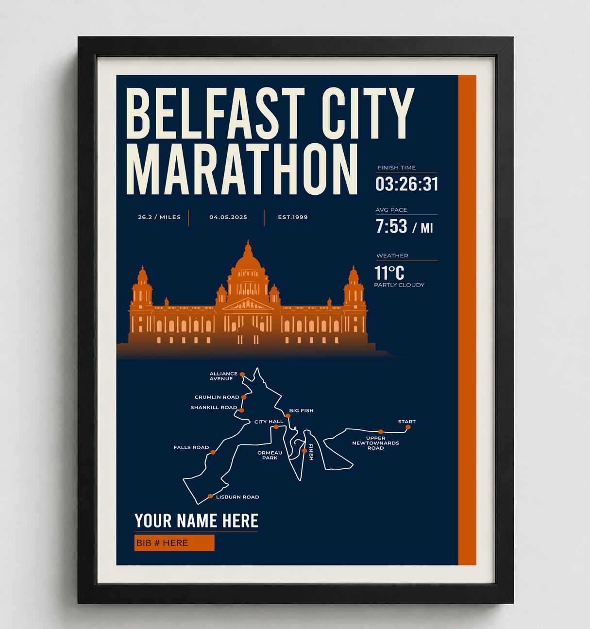 Framed Belfast City Marathon print in black frame