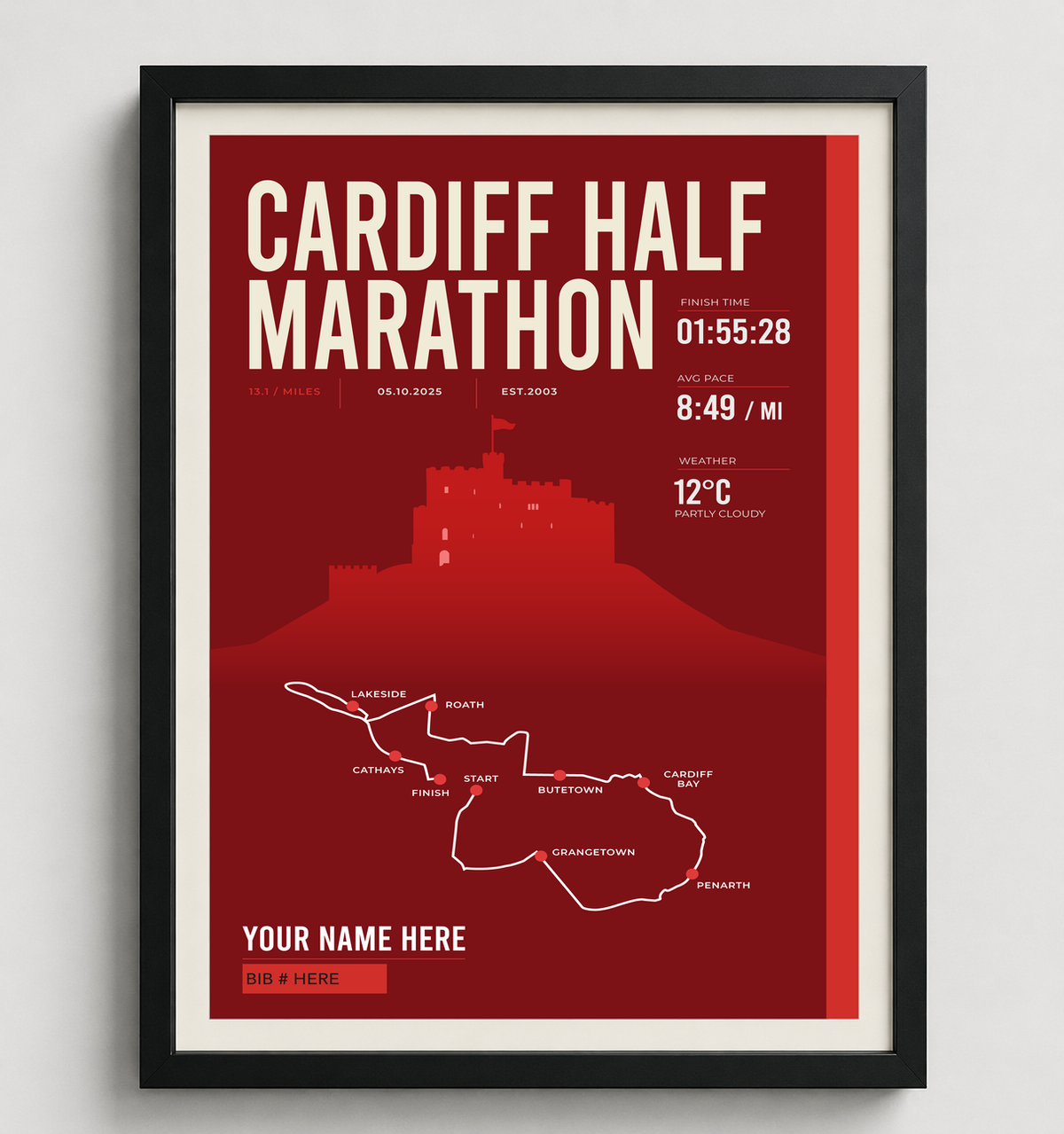 Framed Cardiff Half Marathon print in black frame