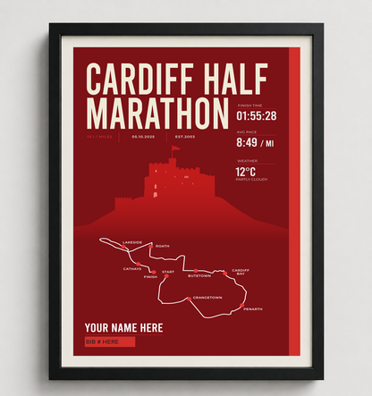Framed Cardiff Half Marathon print in black frame