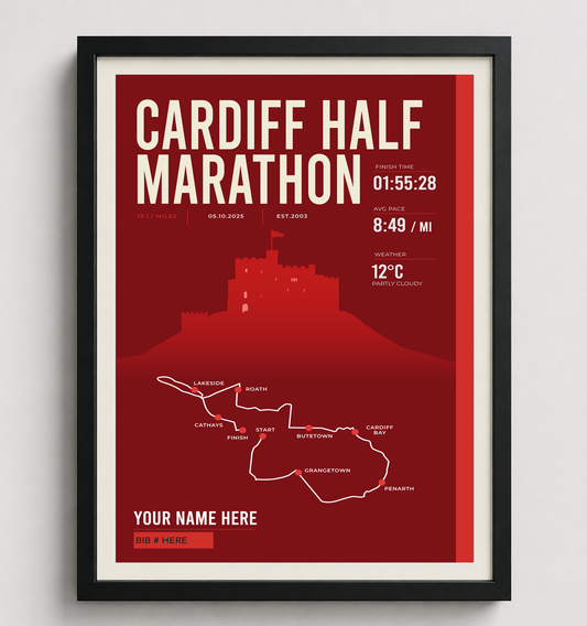 Framed Cardiff Half Marathon print in black frame