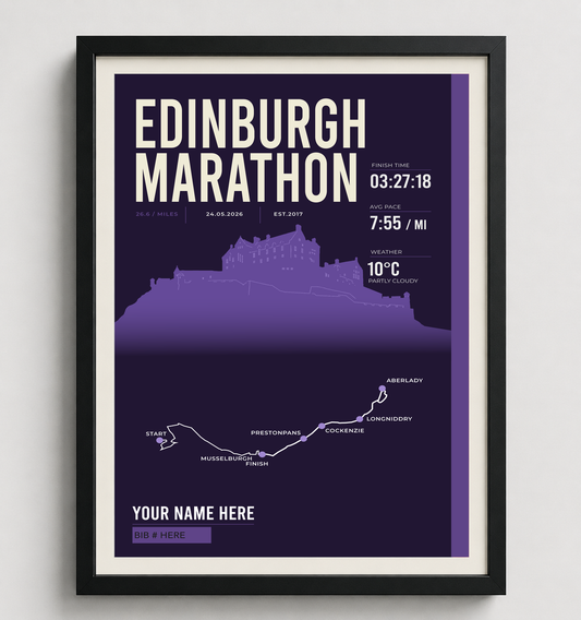 Framed Edinburgh Marathon print in black frame