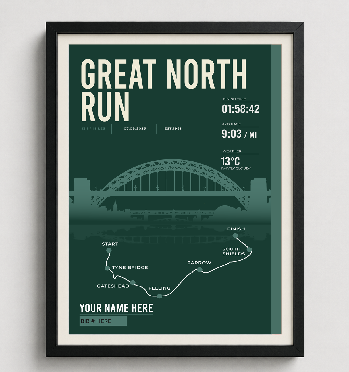 Framed Great North Run print in black frame