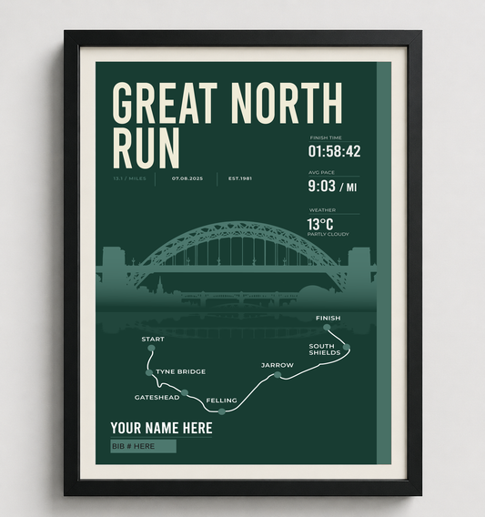 Framed Great North Run print in black frame