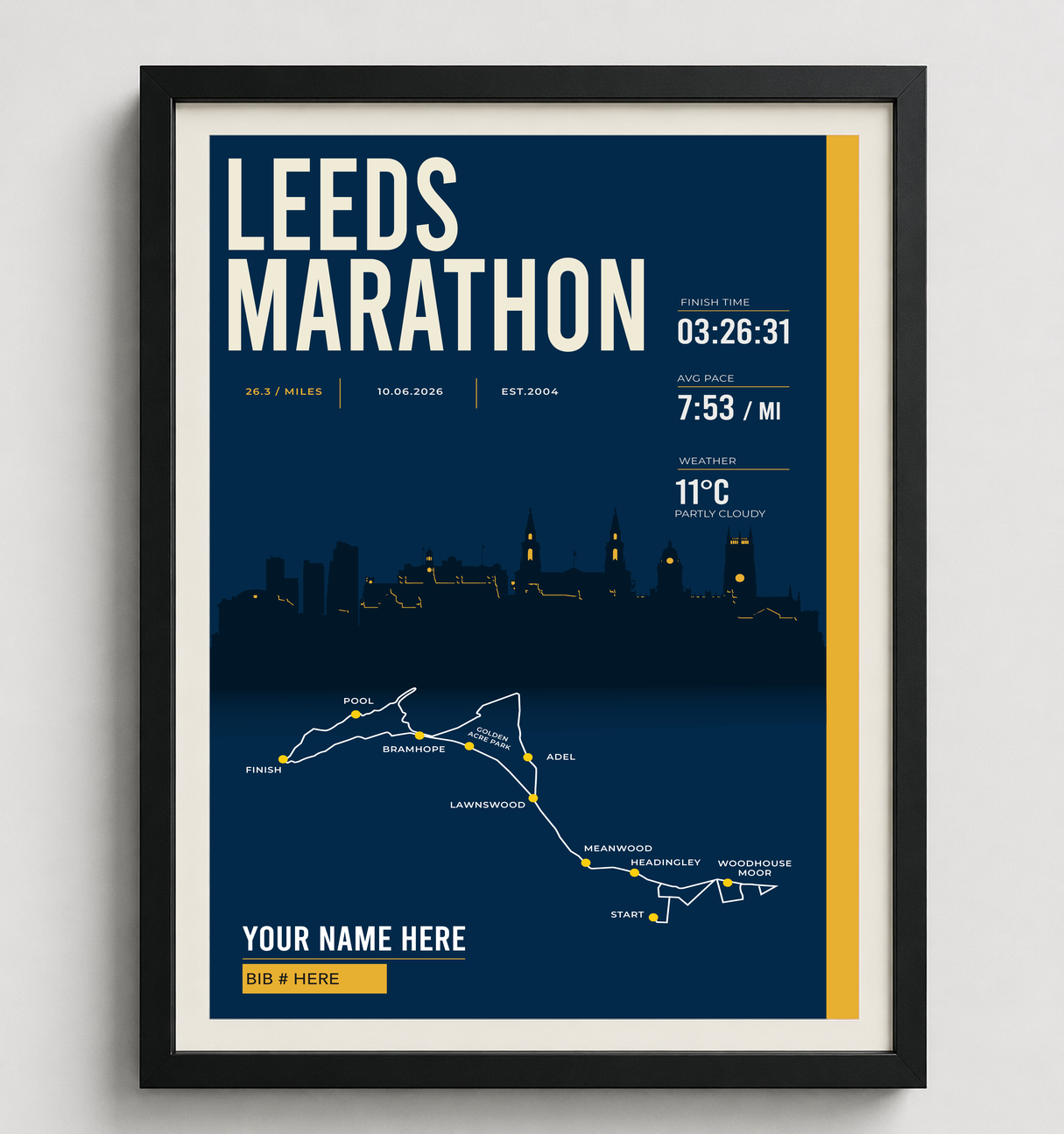 Framed Leeds Marathon print in black frame