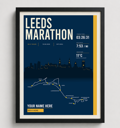 Framed Leeds Marathon print in black frame