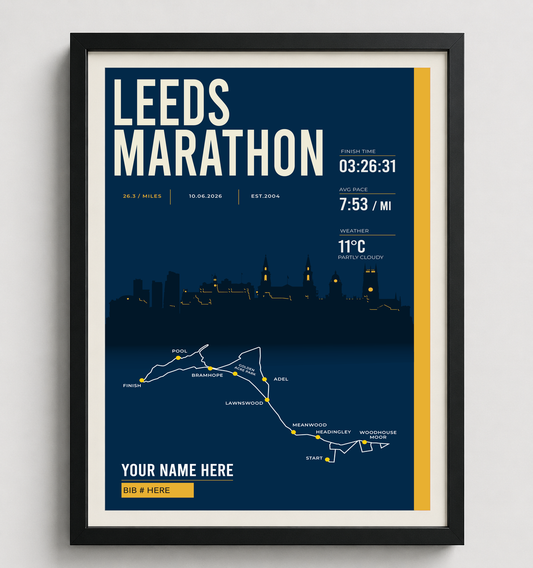 Framed Leeds Marathon print in black frame