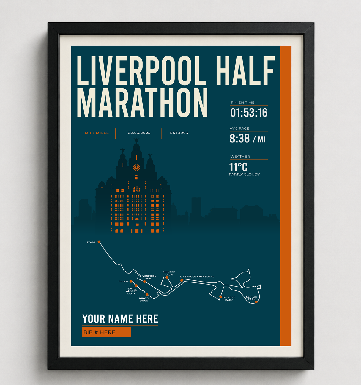 Framed Liverpool Half Marathon print in black frame