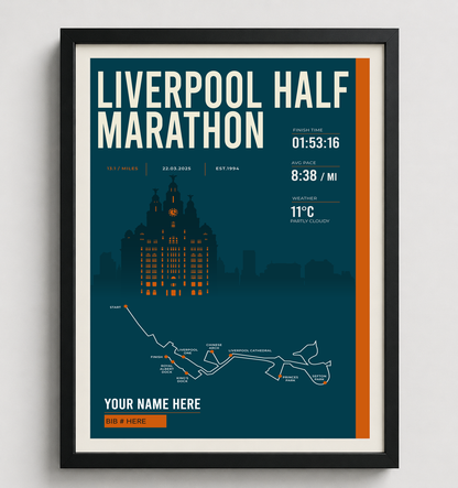 Framed Liverpool Half Marathon print in black frame