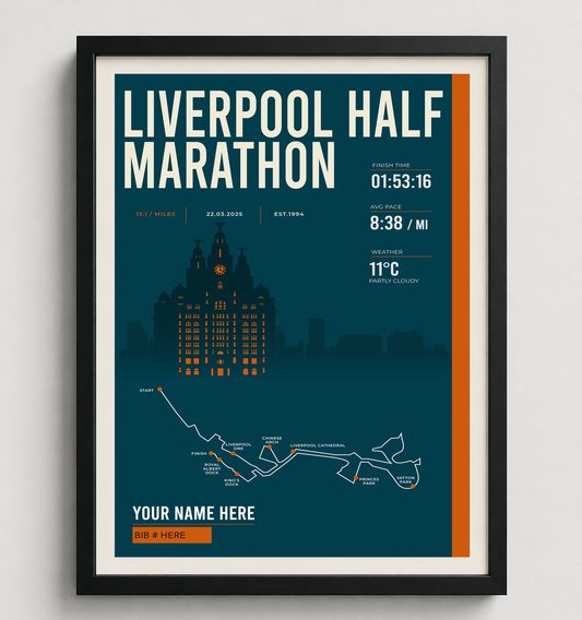 Framed Liverpool Half Marathon print in black frame