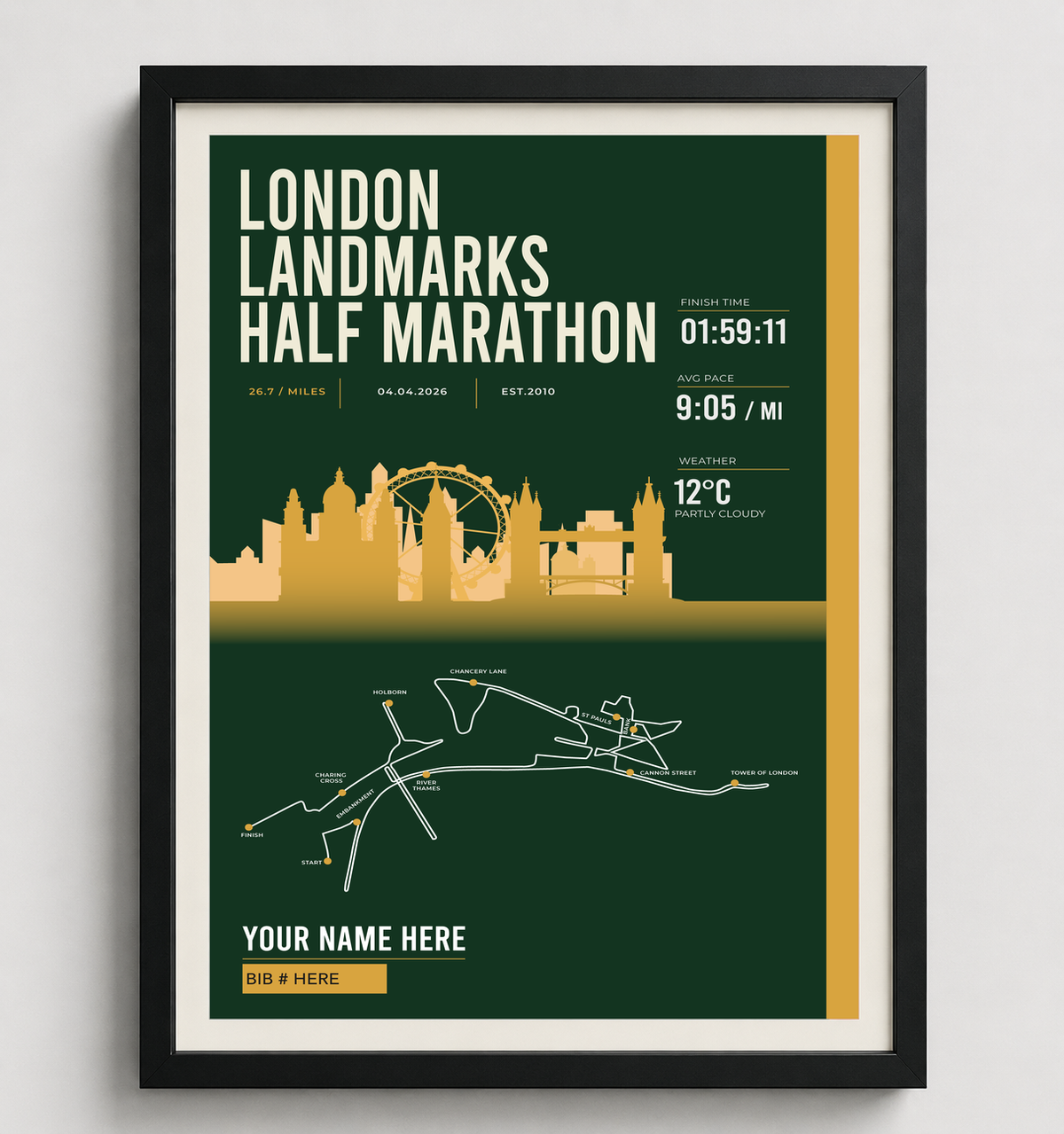 Framed London Landmarks Half Marathon print in black frame