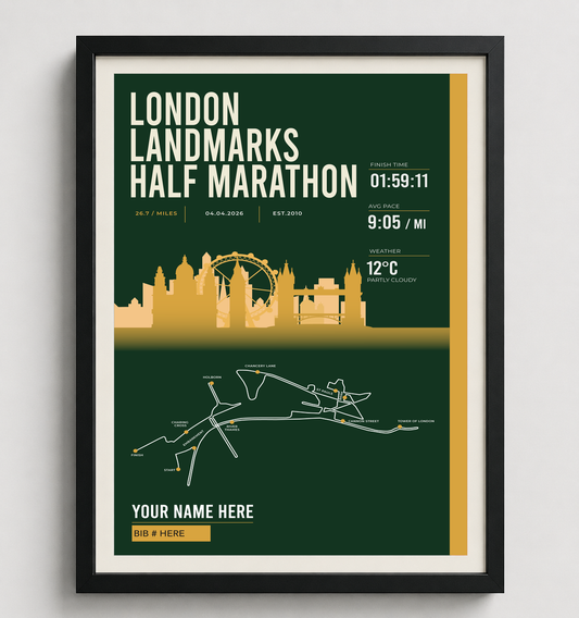 Framed London Landmarks Half Marathon print in black frame
