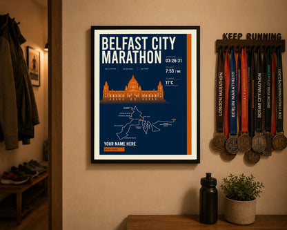 Belfast City Marathon print above a runner's medal display