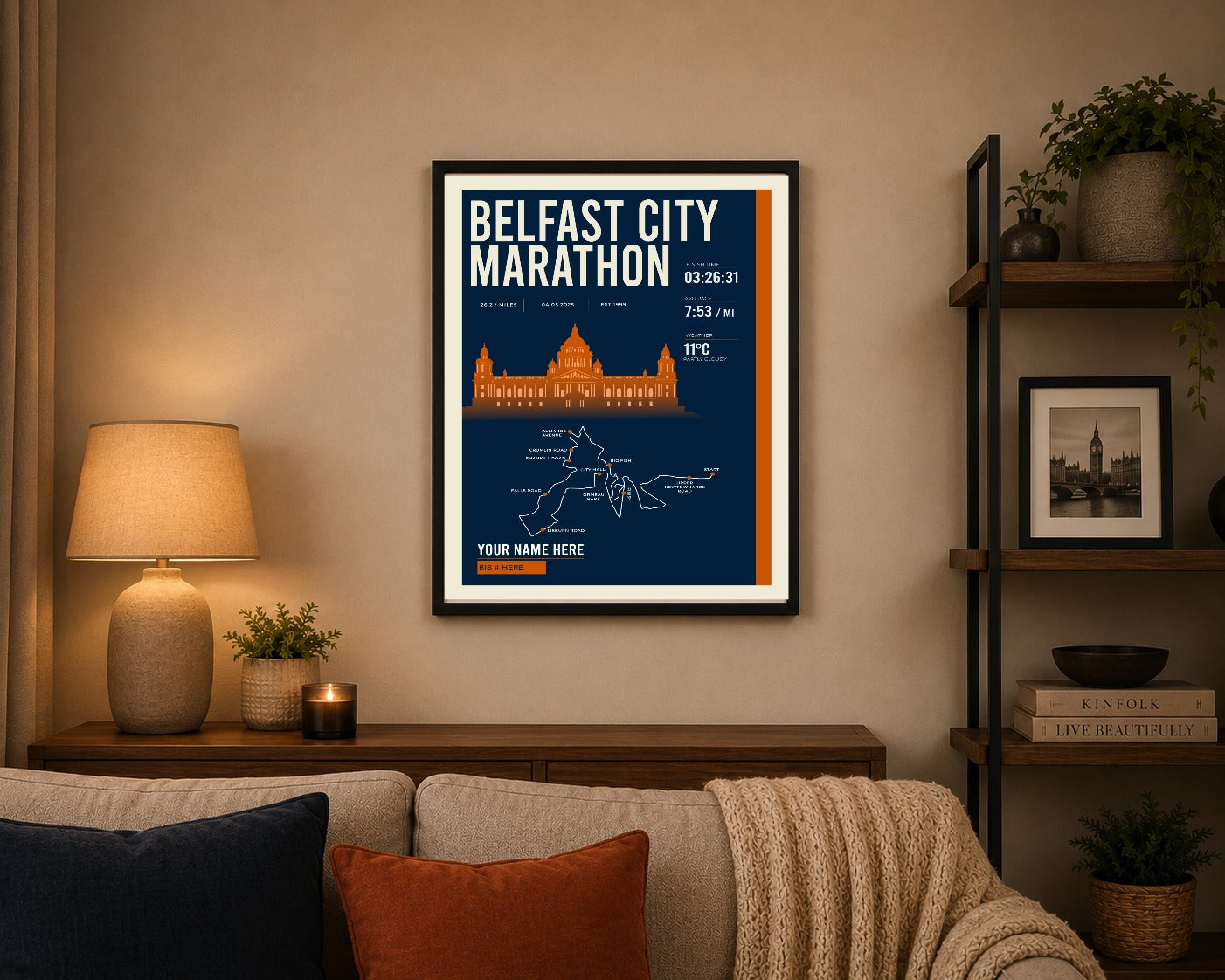 Belfast City Marathon print framed on a living room wall