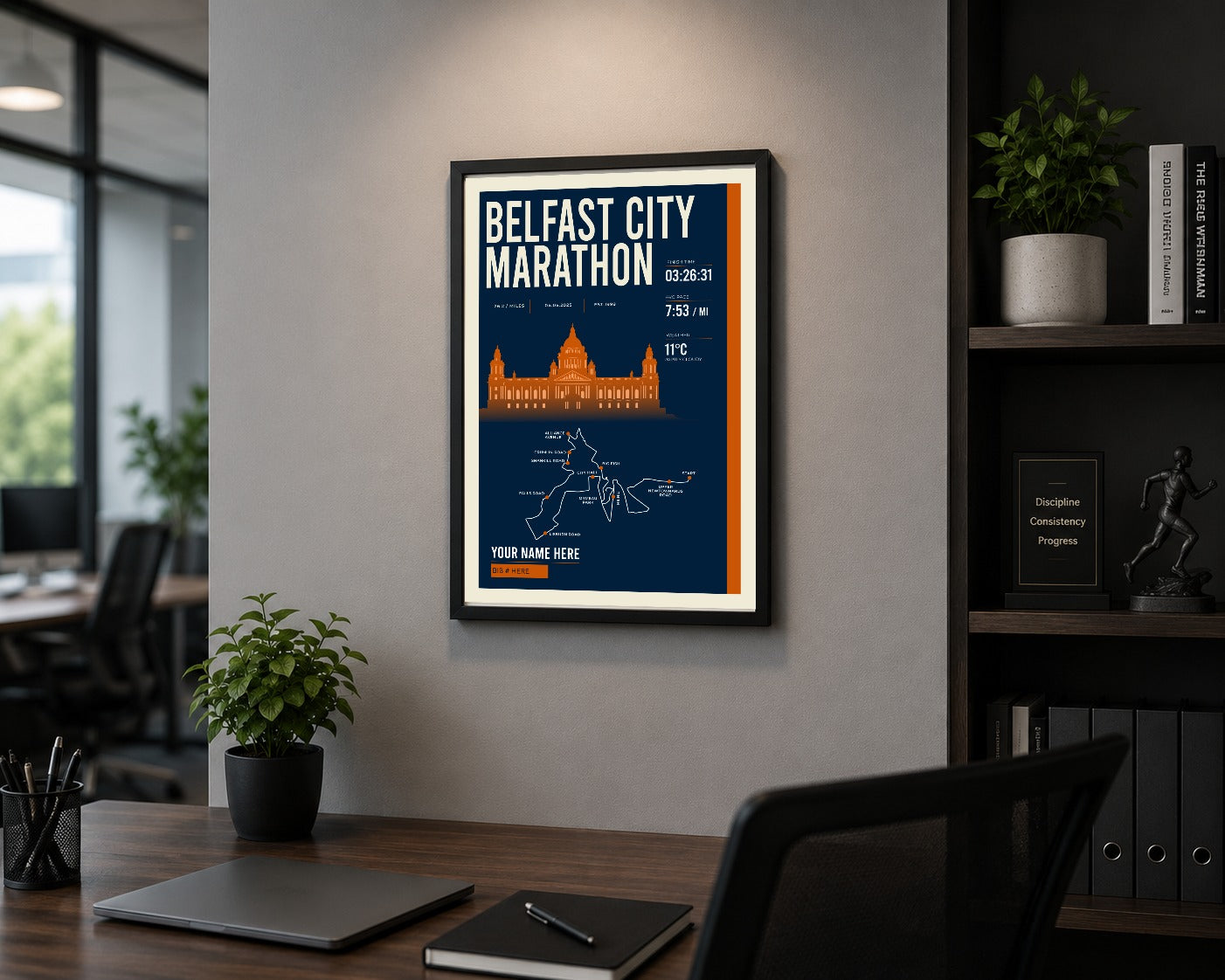 Belfast City Marathon print framed in a home office