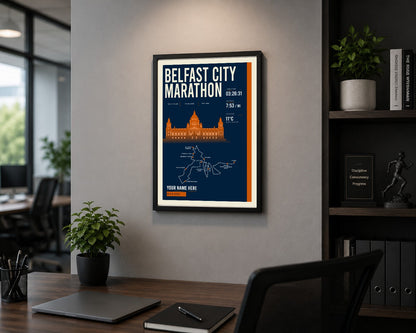 Belfast City Marathon print framed in a home office