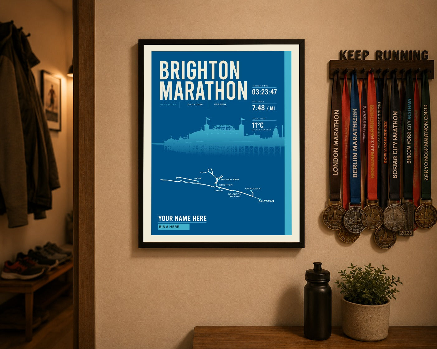 Brighton Marathon print above a runner's medal display