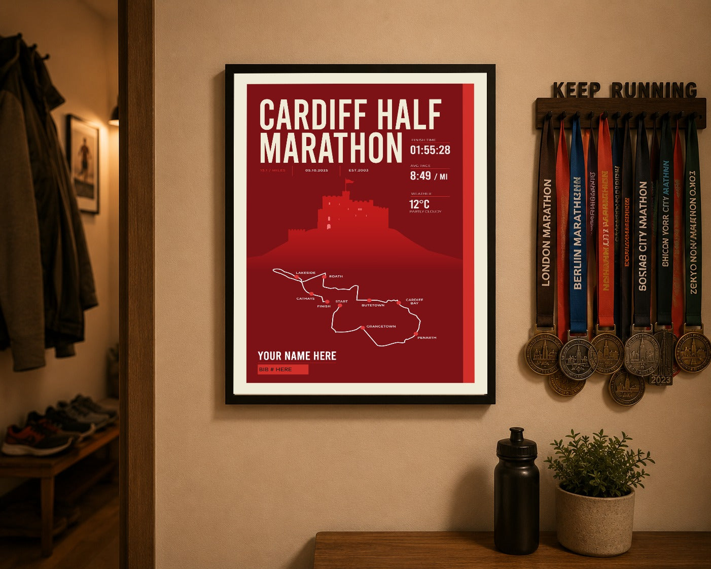 Cardiff Half Marathon print above a runner's medal display