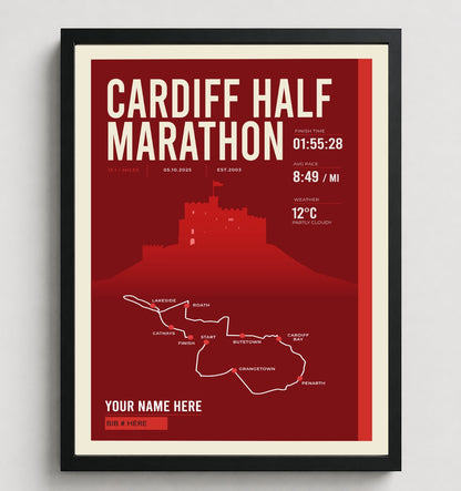 Framed Cardiff Half Marathon print in black frame