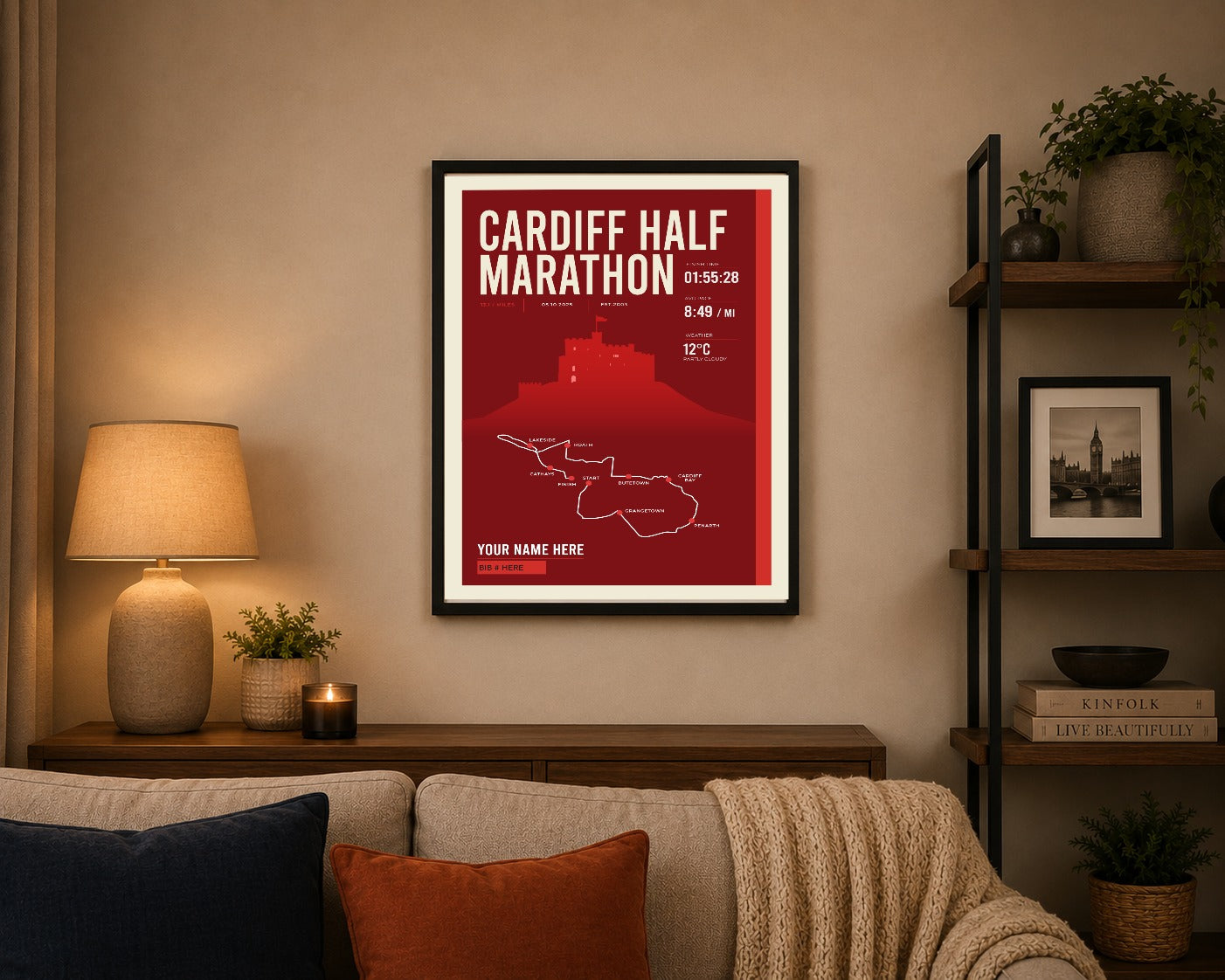 Cardiff Half Marathon print framed on a living room wall