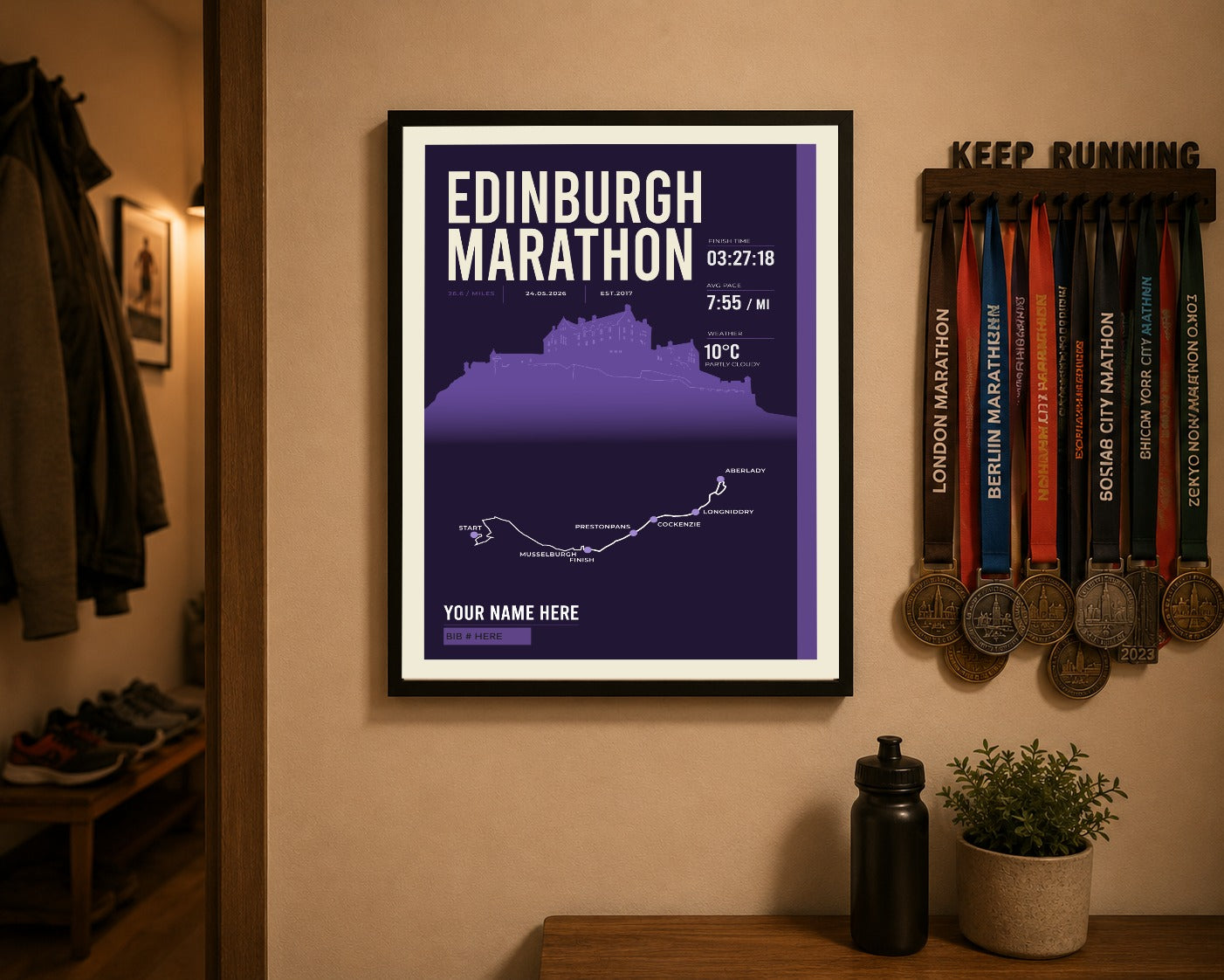 Edinburgh Marathon print above a runner's medal display