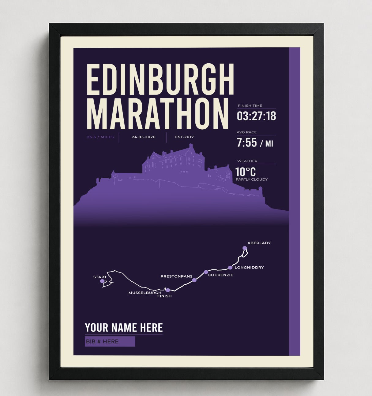 Framed Edinburgh Marathon print in black frame
