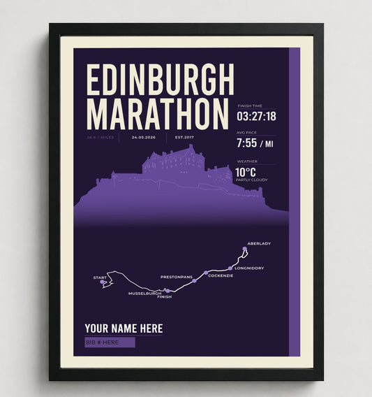 Framed Edinburgh Marathon print in black frame
