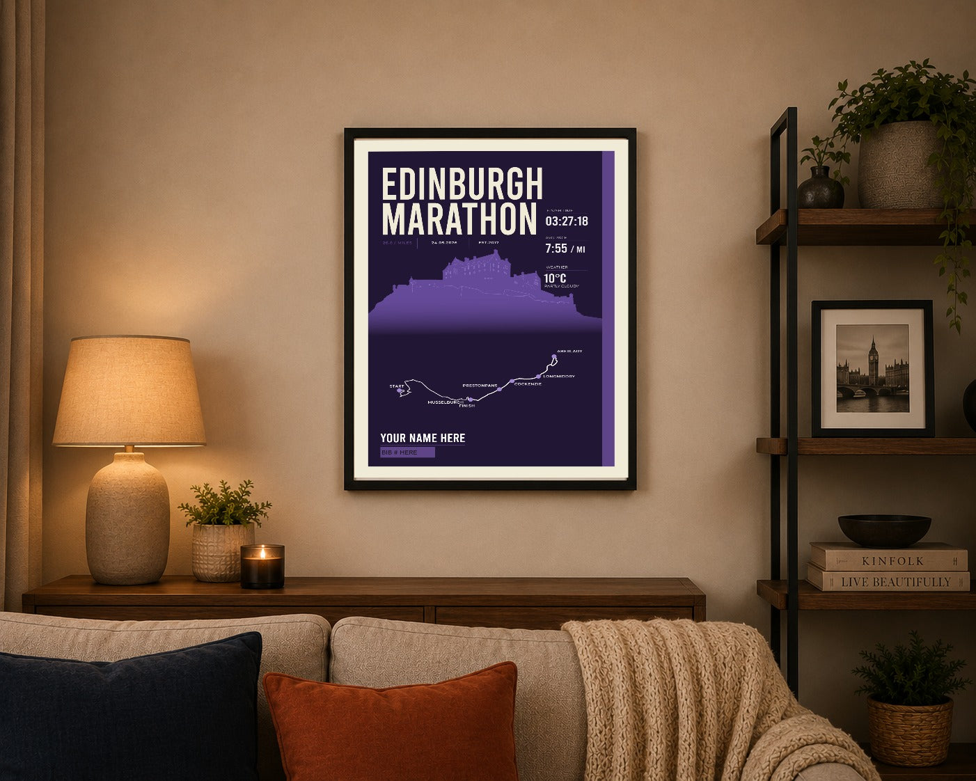 Edinburgh Marathon print framed on a living room wall
