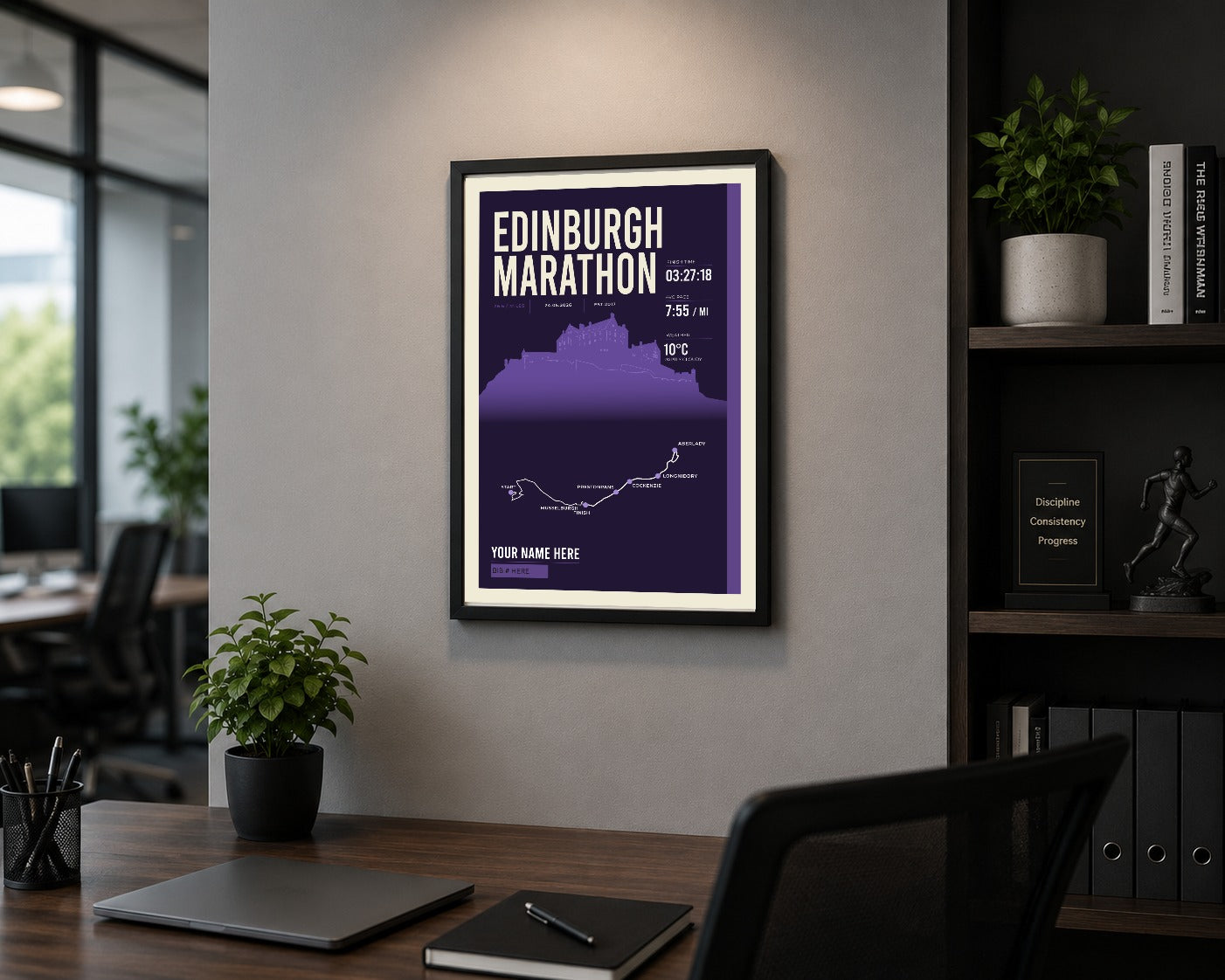 Edinburgh Marathon print framed in a home office
