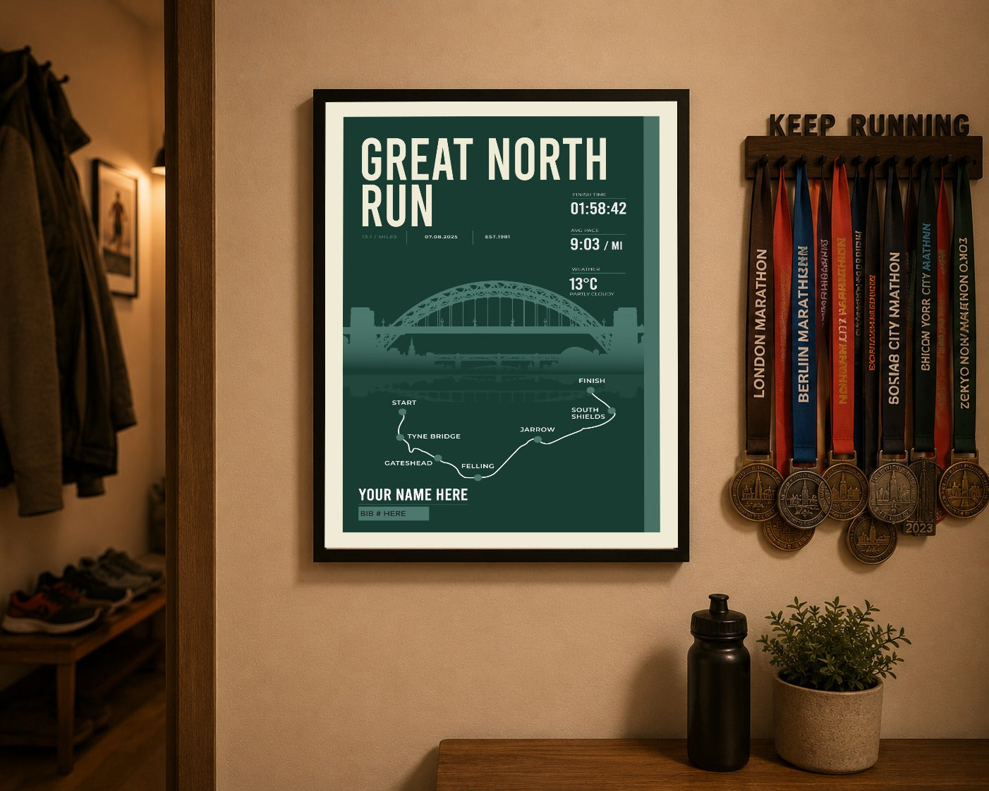 Great North Run print above a runner's medal display