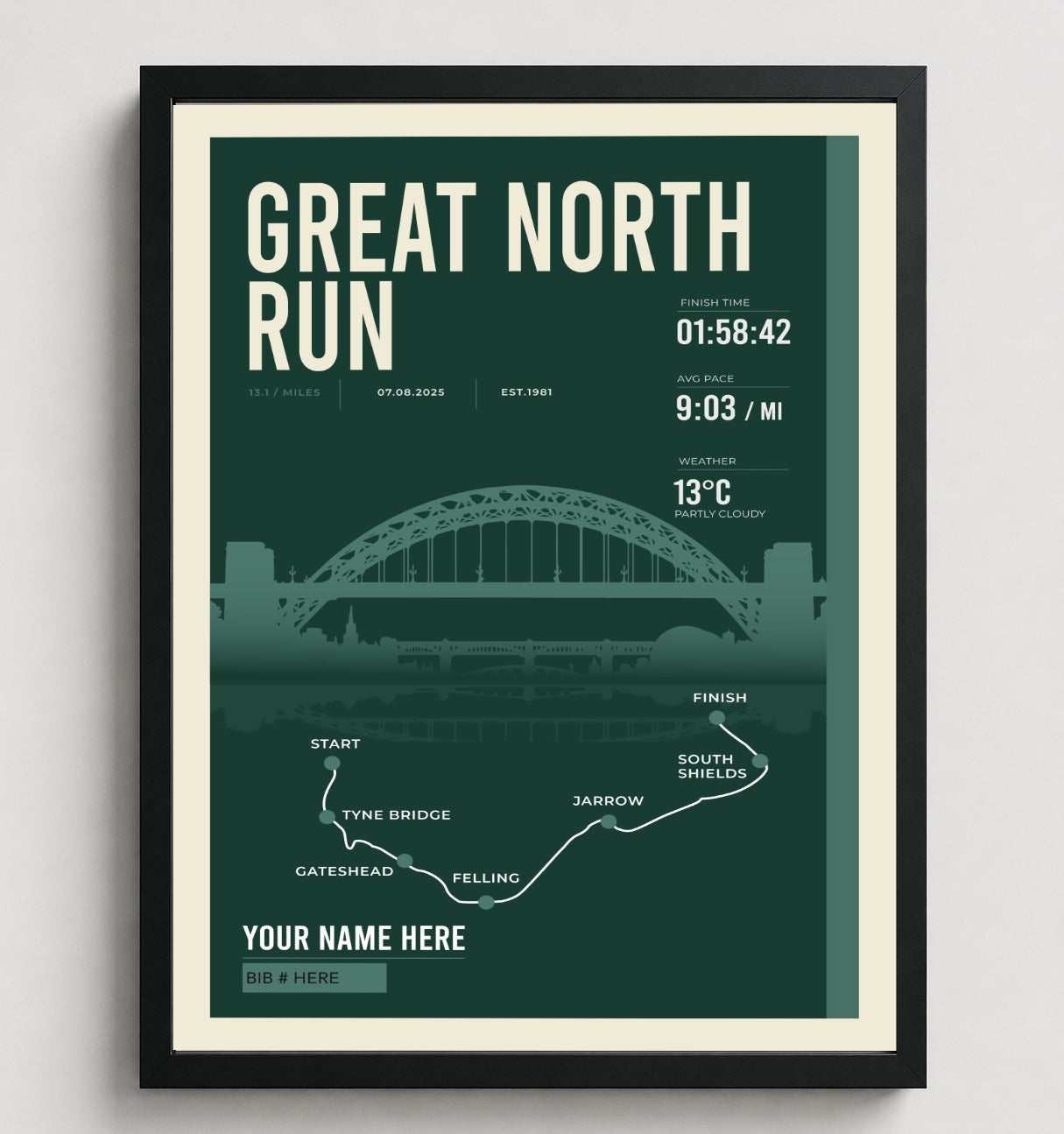 Framed Great North Run print in black frame