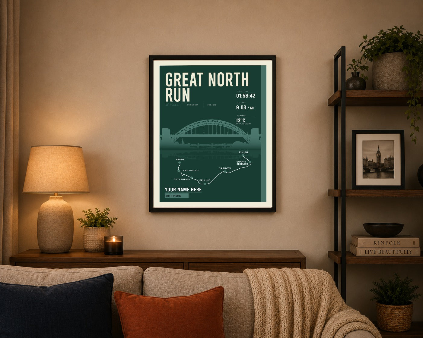 Great North Run print framed on a living room wall