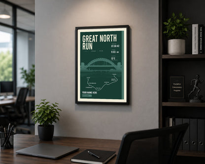 Great North Run print framed in a home office
