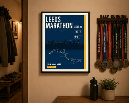 Leeds Marathon print above a runner's medal display