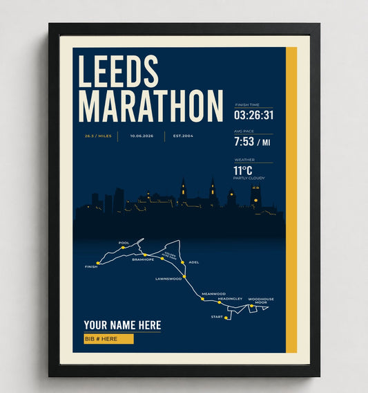 Framed Leeds Marathon print in black frame