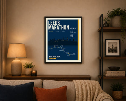 Leeds Marathon print framed on a living room wall