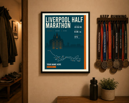 Liverpool Half Marathon print above a runner's medal display
