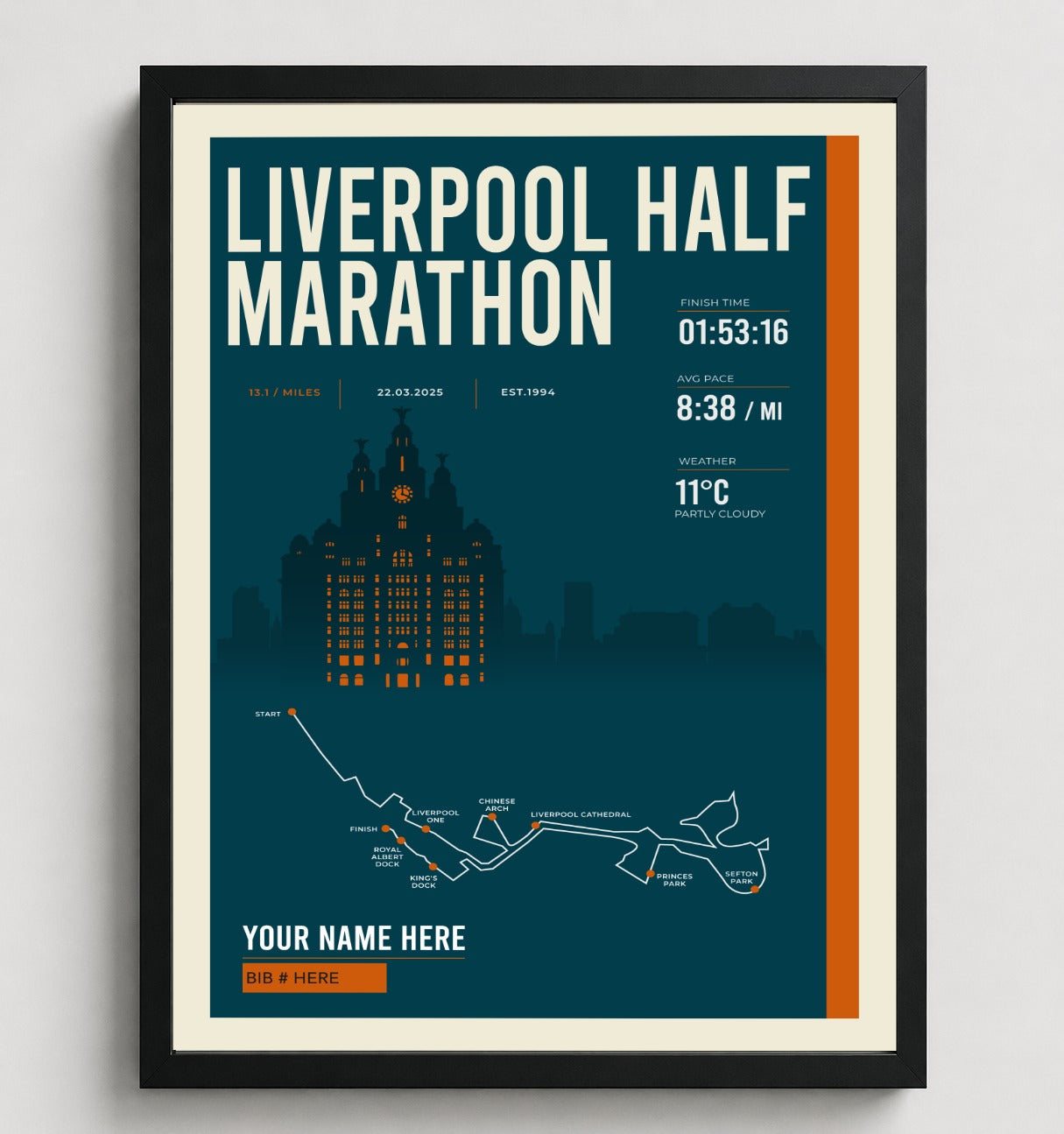 Framed Liverpool Half Marathon print in black frame