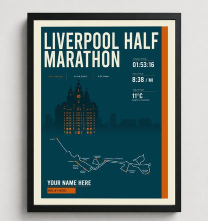 Framed Liverpool Half Marathon print in black frame