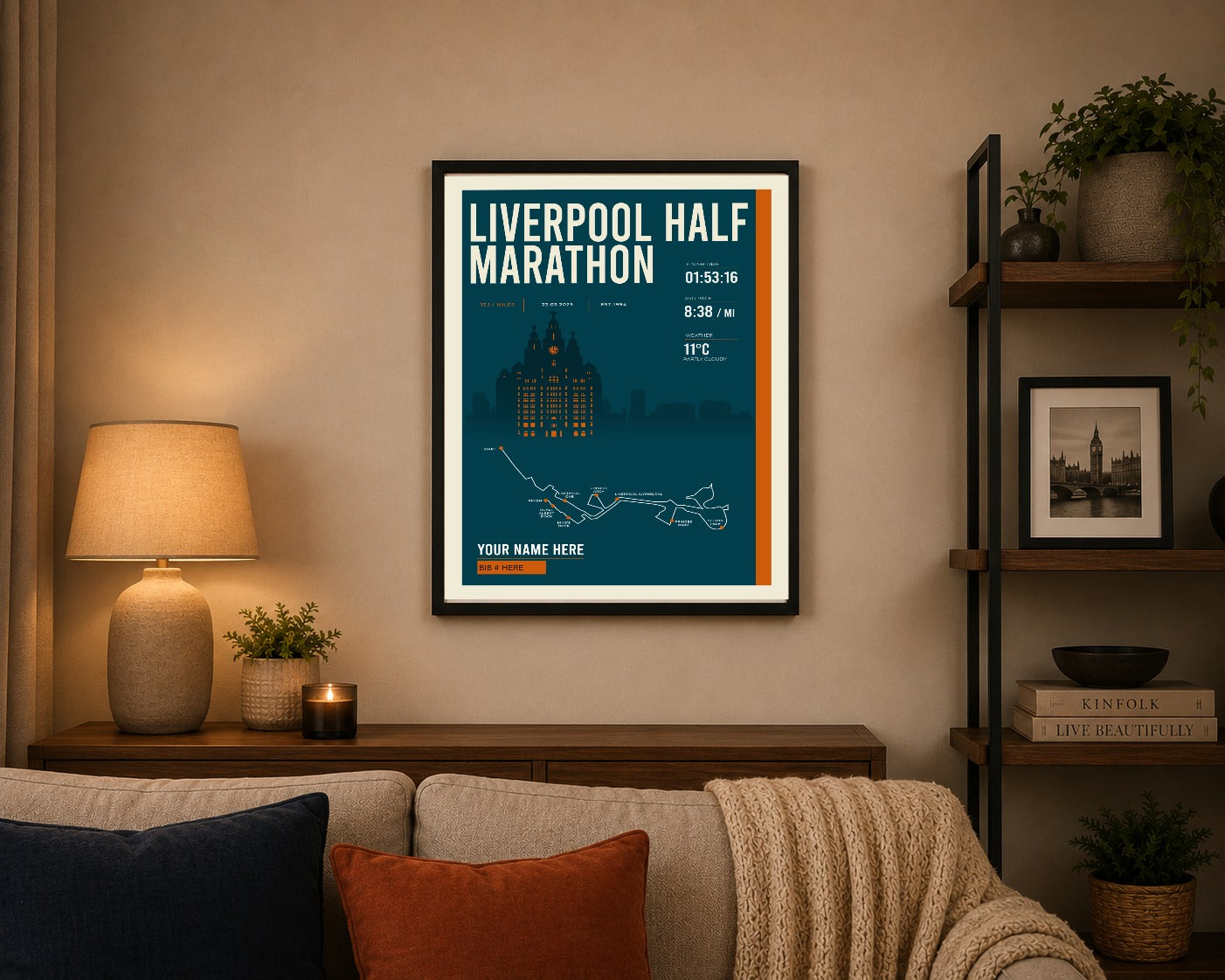Liverpool Half Marathon print framed on a living room wall