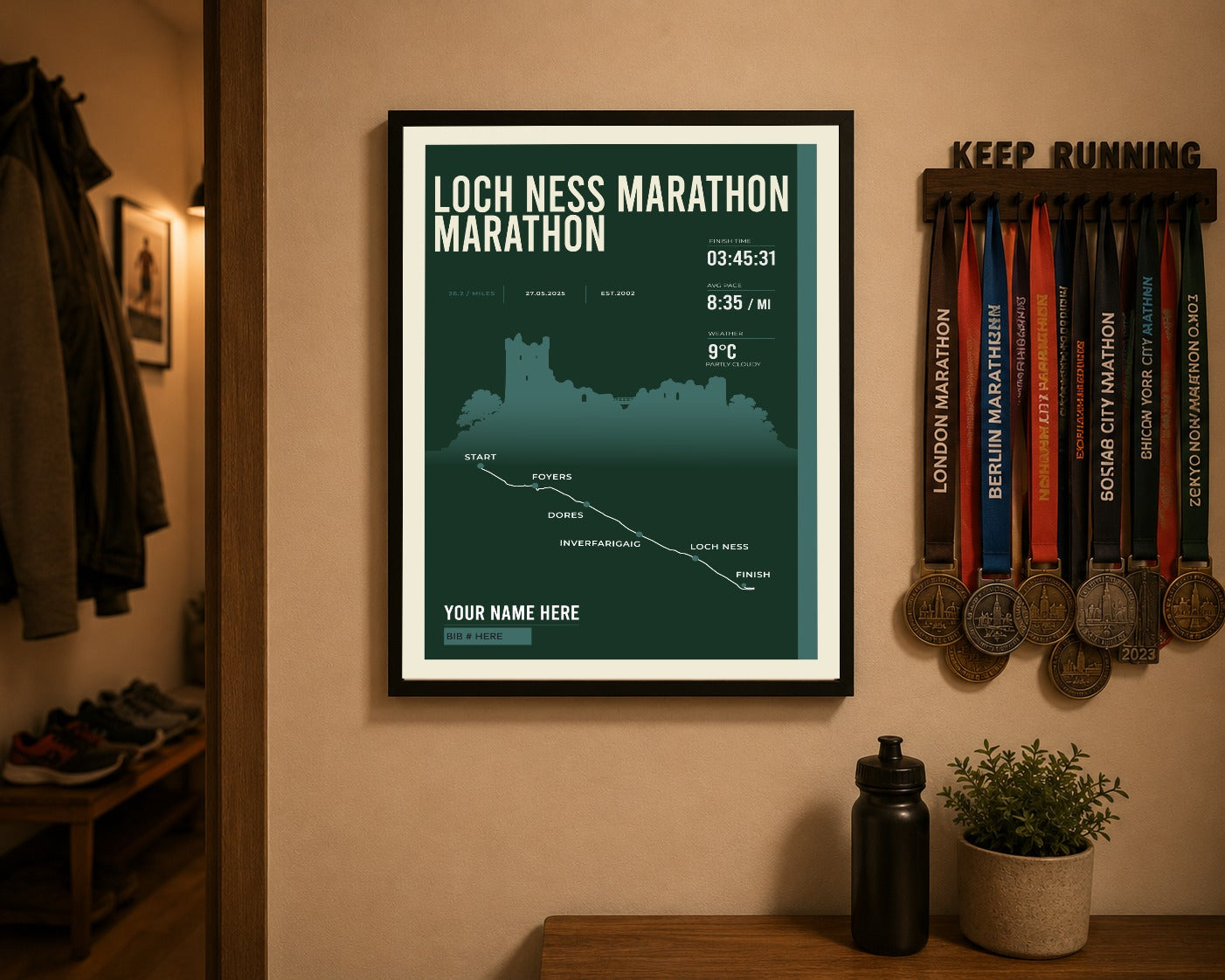 Loch Ness Marathon print above a runner's medal display