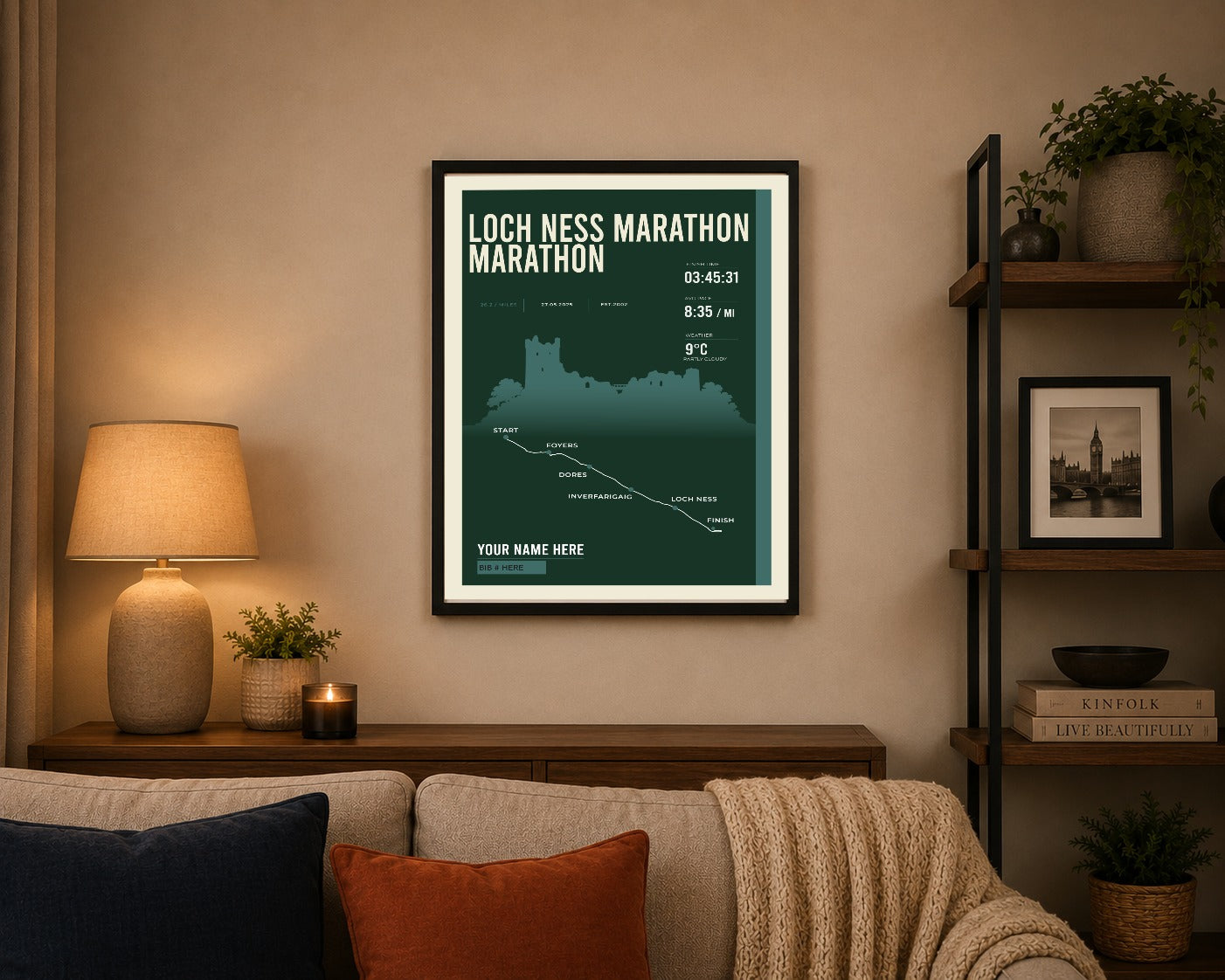 Loch Ness Marathon print framed on a living room wall