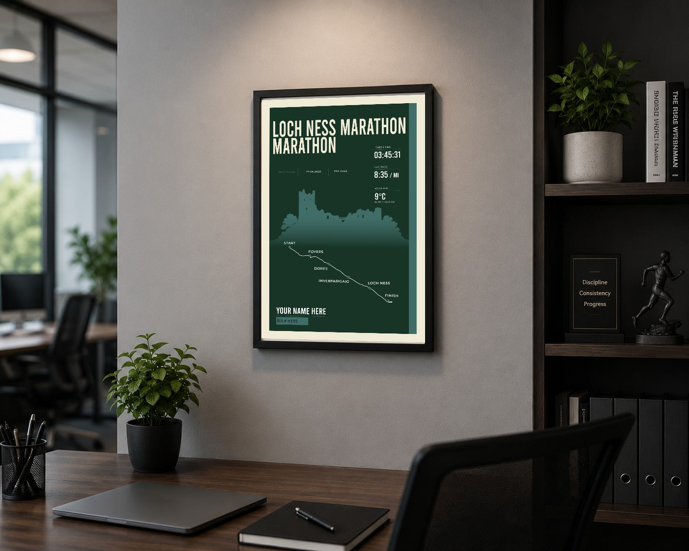 Loch Ness Marathon print framed in a home office
