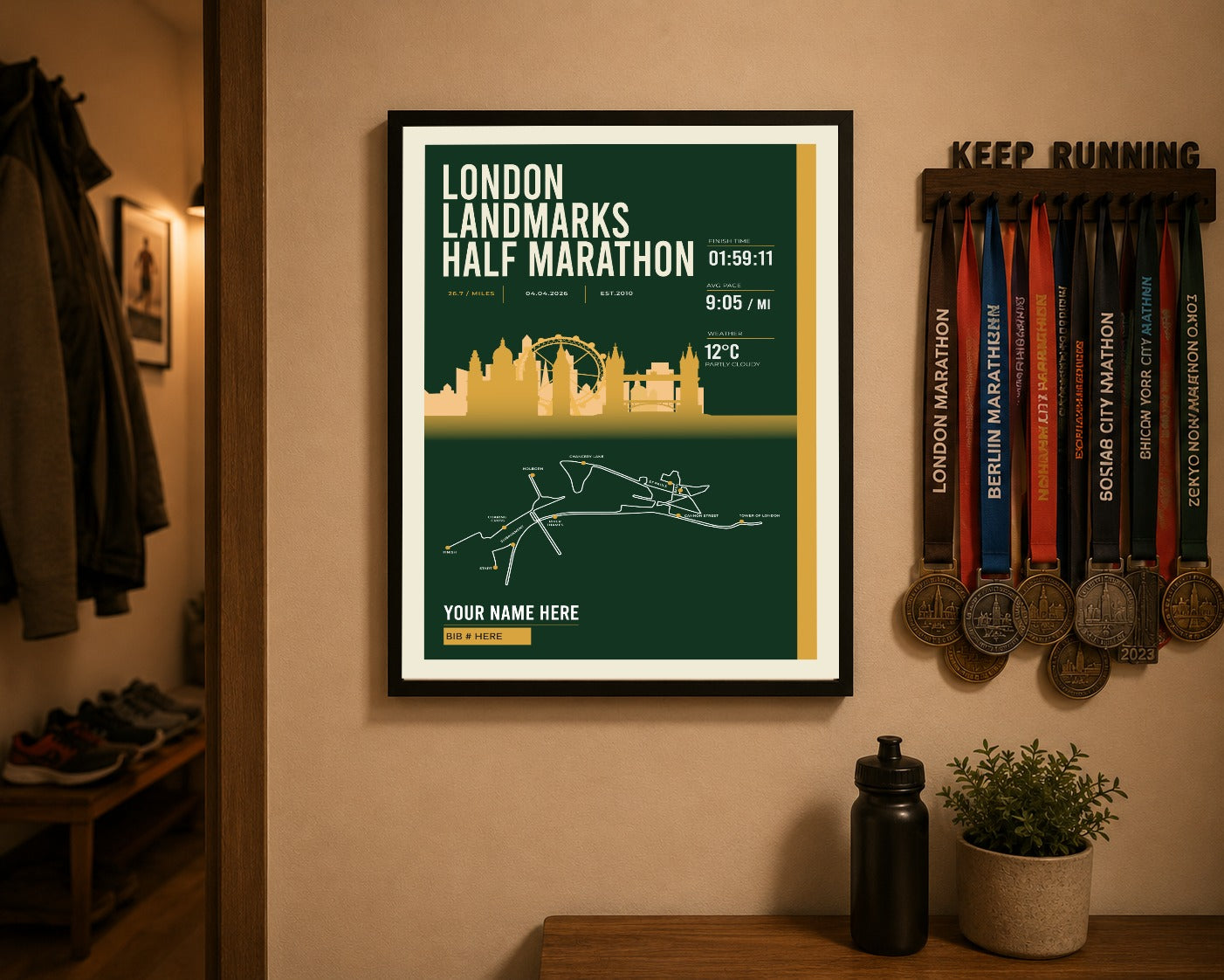 London Landmarks Half Marathon print above a runner's medal display