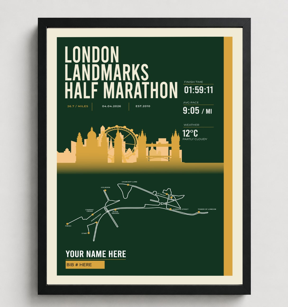 Framed London Landmarks Half Marathon print in black frame