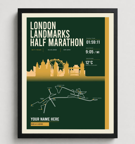 Framed London Landmarks Half Marathon print in black frame