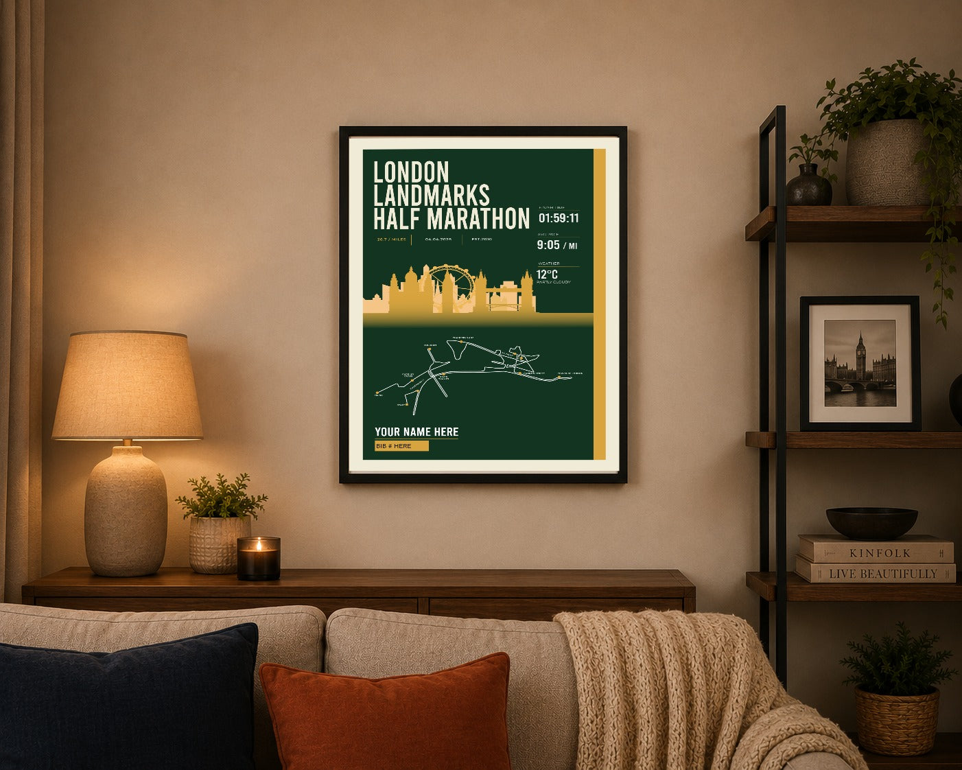 London Landmarks Half Marathon print framed on a living room wall