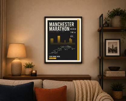 Manchester Marathon print framed on a living room wall