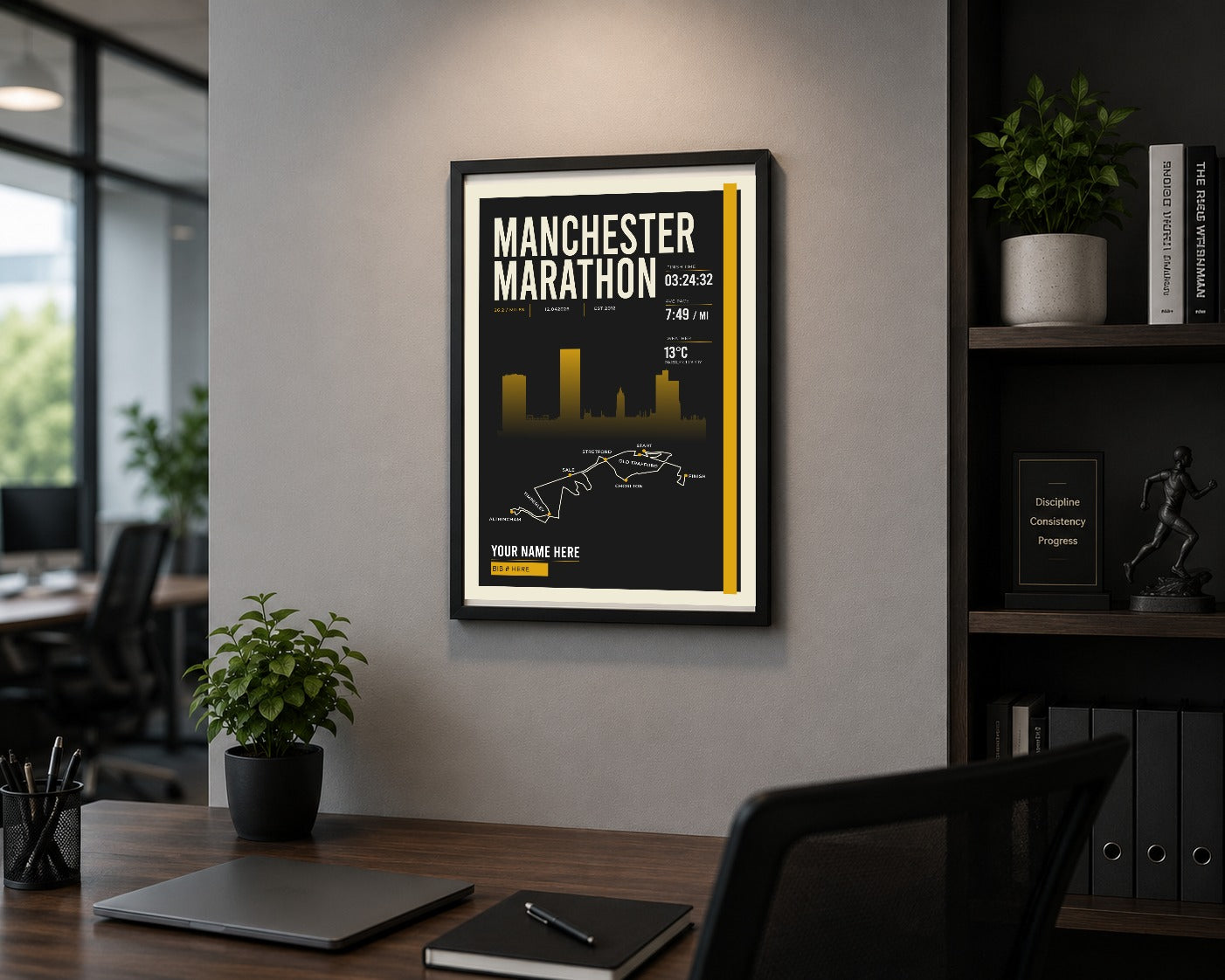 Manchester Marathon print framed in a home office