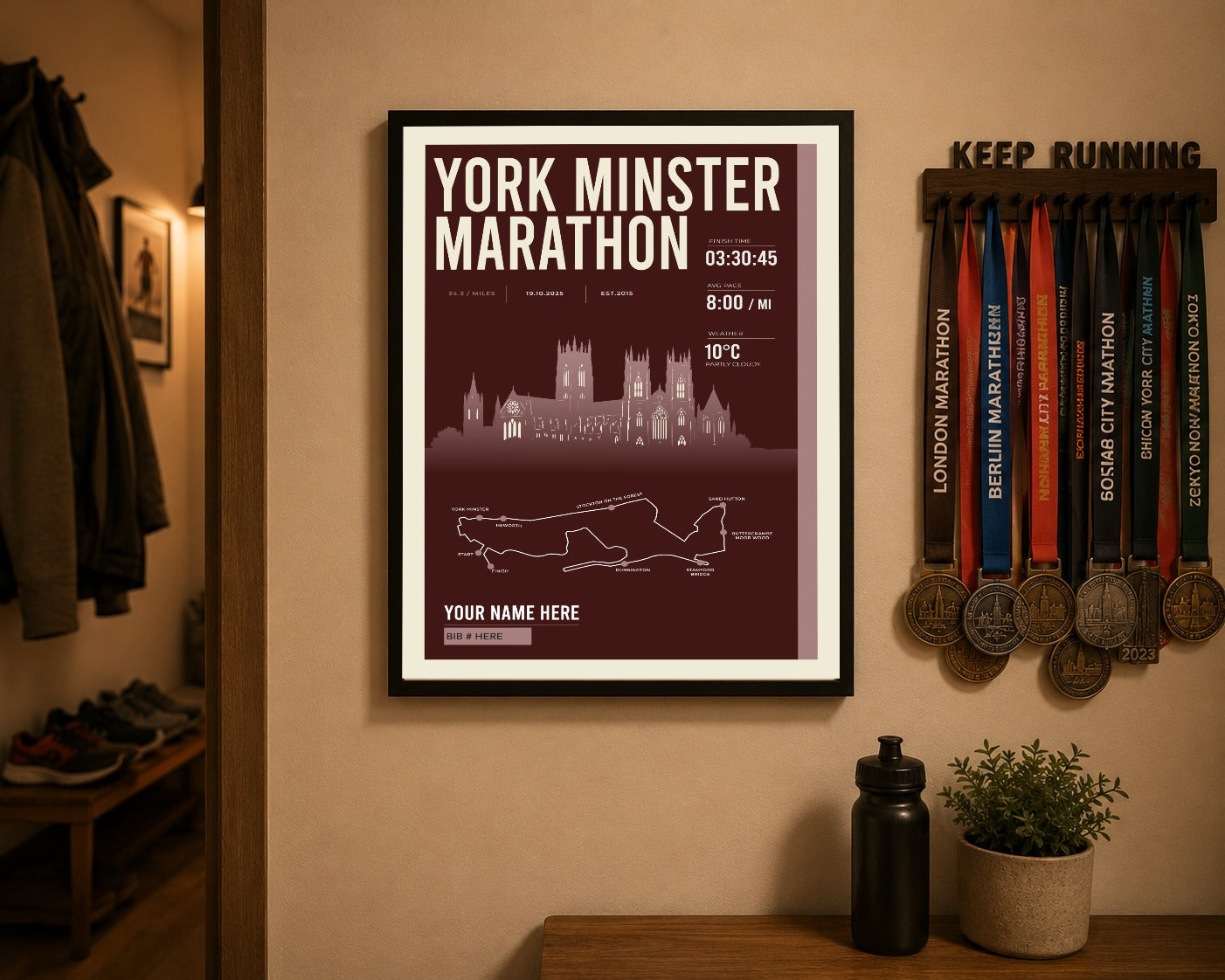 York Minster Marathon print above a runner's medal display